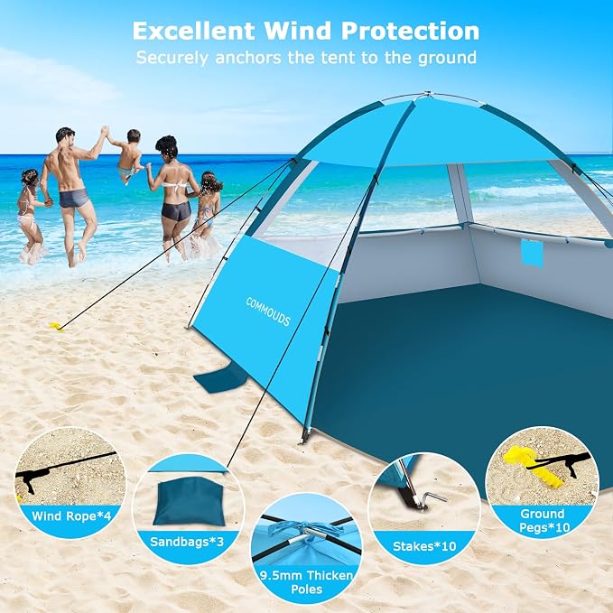 COMMOUDS Beach Tent Sun Shelter for 3/4/6/8 Person, UPF 50+ UV Protection Beach Shade Canopy Tent, Lightweight, Easy Set Up and Carry - Image 6
