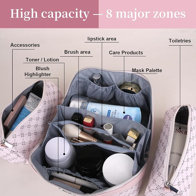 BOYATU Travel Makeup Bag Cosmetic Bags for Women: 3 Pcs Set Large Capacity Make up Bag with Handle - Vegan Leather Toiletry Bags with Compartments - Makeup Organizer for Travel Essentials(A-3-Pink) - Image 5