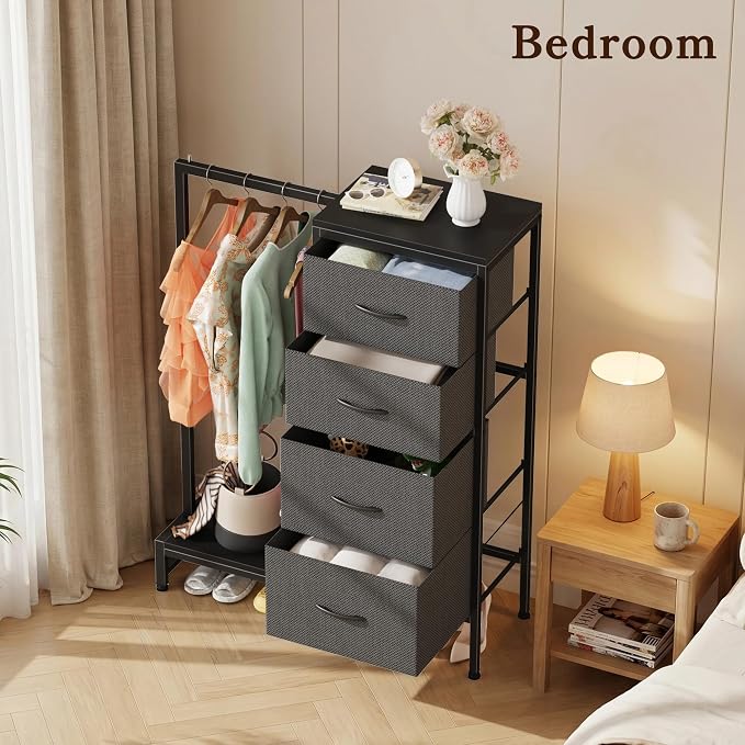 HIGDBFE Dresser with Hanging Rack, 4 Drawers Small Closet for Bedroom, Reversible Fabric Kids Chest of Drawers with Clothes Rack, Tall Storage Tower, Sturdy Frame, Grey, 44''H - Image 8