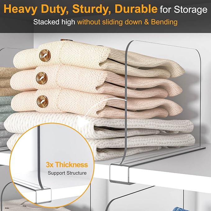 OKPOW Shelf Dividers for Closet Organization: 6 Pack 8" Tall X 12" Deep Acrylic Clear Sturdy Separators for Clothes Purse - Adjustable Easy Install Storage for Wood Cabinet Home Organizer Housewife - Image 4