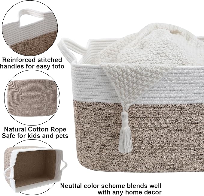 96L XXXLarge Woven Laundry Basket with Sturdy Handles - White/Brown | 24x16x15 Foldable Rectangular Blanket Basket for Toys, Clothes & Pillows,Ideal for Nursery, Bathroom, Bedroom, Living Room - Image 3