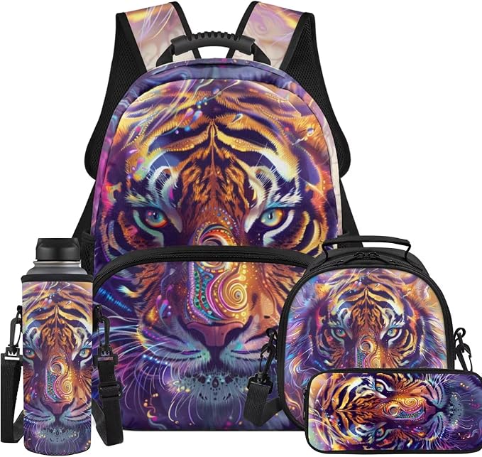 Fierce Tiger Kids Boys Backpack with Lunch Box Water Bottle Carrier with Strap and Soft Pencil Case Elementary 4PCS Set Bookbag Front Side Pocket 17 inch Large Capacity School Bag Gifts by Unknown