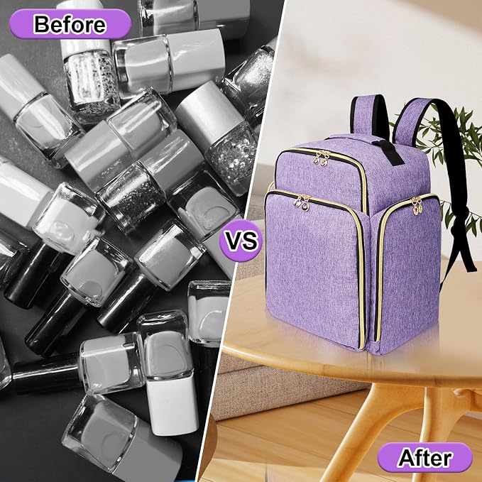 Nail Polish Organizer Backpack Holds 126 Bottles& Nail Lamp, Extra Large Nail Kit Supplies Organizer Bag with 3 Removable Cases, Portable Nail Organizers and Storage for Travel (Noble Purple) - Image 9