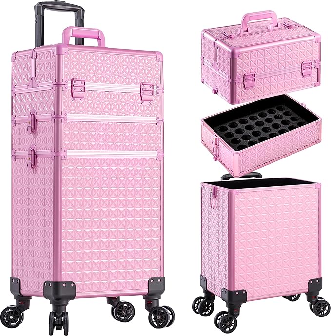 3 in 1 Rolling Makeup Train Case Cosmetology Case on Wheels, Pink | Large Cosmetic Trolley Organizer with Keys Salon Barber Case Traveling Cart Trunk for Artist Hairstylists Nail Tech by Unknown