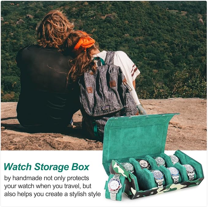 Hiram Genuine Leather Hexagon Watch Roll Travel Case, Military Camouflage Leather 8-Watches Roll Case with Removable Pillow Cushion for Treasured Watches and Bracelets-Camouflage Green - Image 6