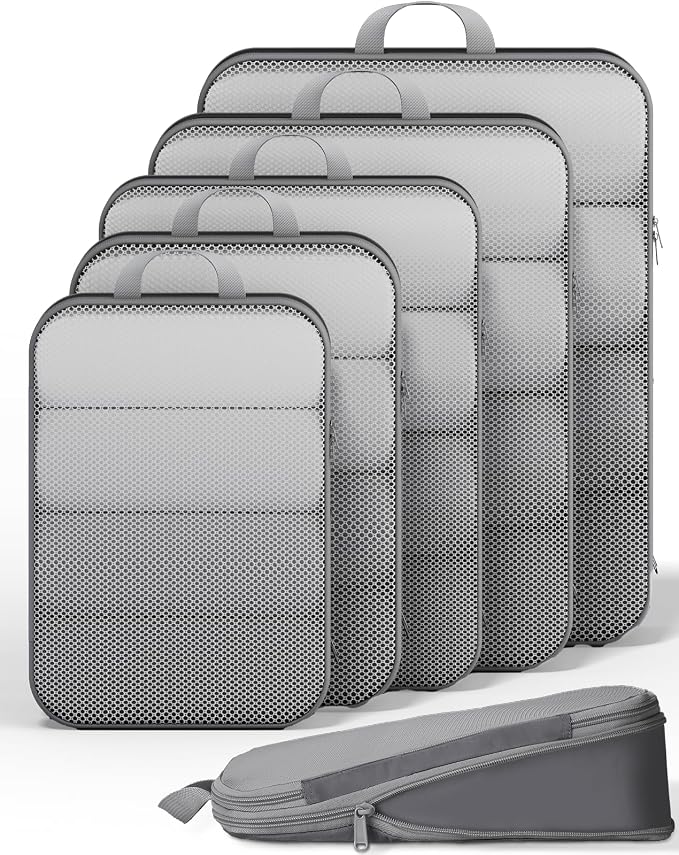 Veken 6/9/11 Set Compression Packing Cubes for Travel Essentials,Compressible Expandable Luggage Suitcase Organizer Bags with Garment Bag,Space Saver Bags with Over 1000 pcs of Mesh Holes(Gray) by Veken