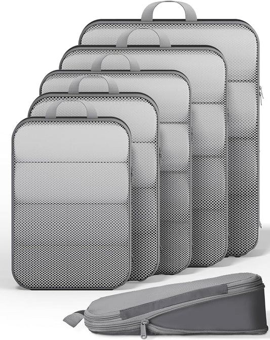 Veken 6/9/11 Set Compression Packing Cubes for Travel Essentials,Compressible Expandable Luggage Suitcase Organizer Bags with Garment Bag,Space Saver Bags with Over 1000 pcs of Mesh Holes(Gray) by Veken