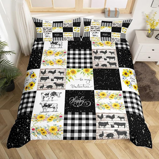 Erosebridal Cow Print Bedding King for, Farm Cow Duvet Cover Sunflower Decor Comforter Cover for Girls Women Boys, Grids Patchwork Pattern Bedding Wild Animal Starry Sky Bedspread by Erosebridal
