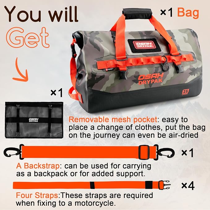 OSAH DRYPAK Waterproof Duffel Bag 25L/40L/60L – Heavy-Duty Motorcycle Tail Bag, Roll-Top Dry Bag for Travel, Camping, Boating, Kayaking, Outdoor Adventure - Image 8