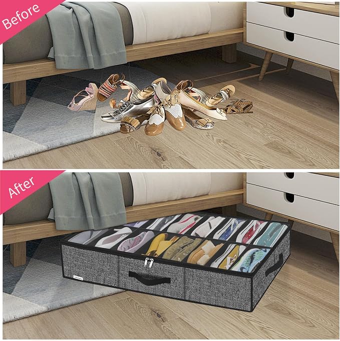 Onlyeasy Sturdy Under Bed Shoe Storage Solution Organizer For Closet Fit 16x2 Pairs, Underbed Shoes Container Bags with Reinforced Handles, Breathable, Linen-like Black, MXAUBS16P2 - Image 3