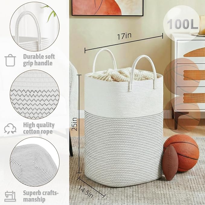 Laundry Basket,Woven Cotton Rope Laundry Hamper,Versatile Storage for Dirty Clothes,Baby Toys,and Blankets in Bathroom, Nursery,and Living Room (White, 100L) - Image 2