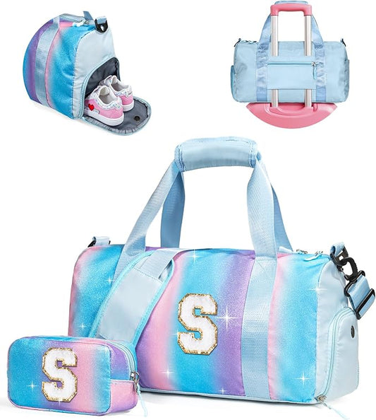 Girl Must Haves-Girl Gym Bag with Shoe Compartment, Kid Personalized Weekender Overnight Bags, Travel Tote with Makeup Pouch, Gift for 3 4 5 6 7 8 9 10 11 12 Year Old Girls (Letter S) by Vogewood