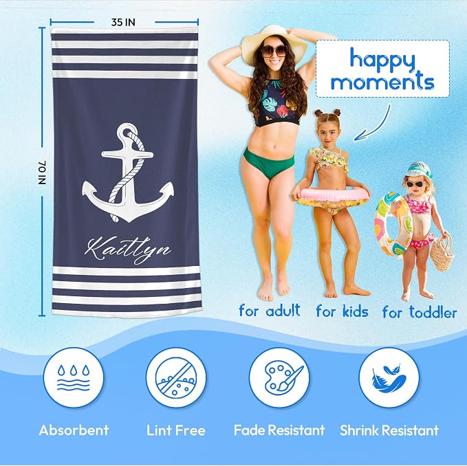 JML Personalized Beach Towel with Name, Custom Anchor Beach Towel, Customized Microfiber Pool Towel, Quick Dry & Absorbent Swim Towel for Adult,Anniversary, Birthday, Summer Holiday,Vacation - Image 3