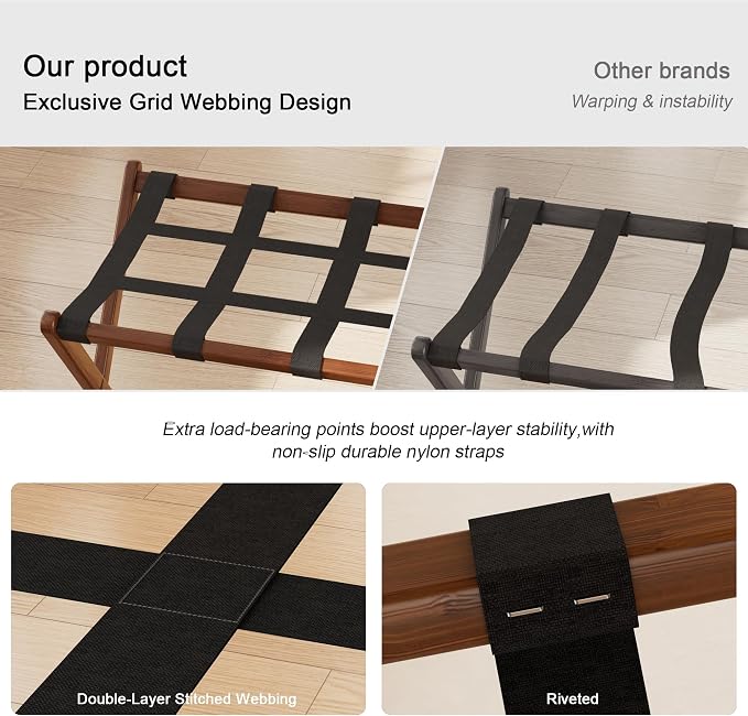 Fully Assembled Luggage Rack for Guest Room, Bamboo Suitcase Stand with Foldable Storage Shelf, Crossed Nylon Straps Folding Luggage Holder for Bedroom and Hotel, Walnut - Image 4