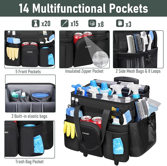 Ytonet Cleaning Caddy with Wheels, Large Rolling Cleaning Caddy Bag with Detachable Trolley for Housekeepers, Water Resistant Cleaner Supplies Organizer with Wheels for Kitchen, Car, Tool Organizer - Image 2