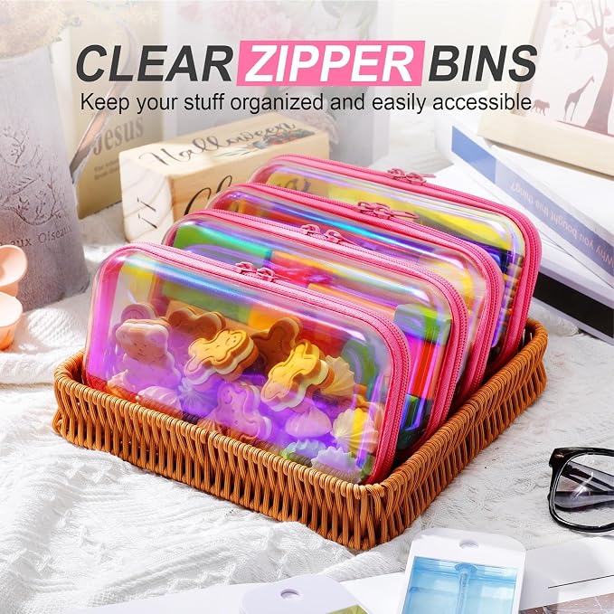 Hoolerry 4 Pcs Hard Clear Zipper Case Makeup Bags Plastic Zipper Pouch Transparent Storage Box Containers for Cosmetics, Snacks, Building Blocks, Puzzles(Clear,7.5 x 3.9 x 2 in,Pink Laser) - Image 5
