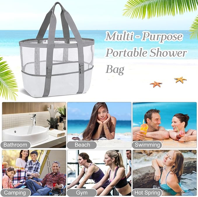 Hillban Large Beach Mesh Bags Bulk for Women Beach Tote Bag with 8 Pocket Zipper Waterproof Sandproof for Pool Cruise Ship - Image 7