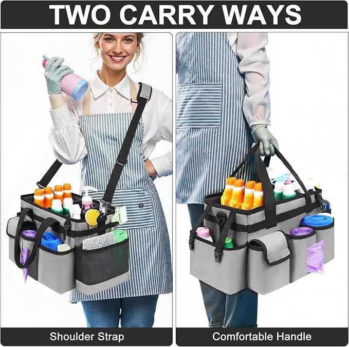 Cleaning Caddy,Cleaning Bag for Housekeepers,Cleaning Supplies Organizer with Handle,Gray - Image 5