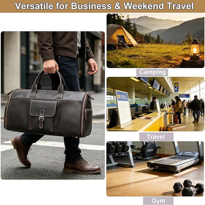 Full Grain Genuine Leather Garment Bag for Men 2 in 1 Convertible Suit Travel Duffel Bag Weekender Overnight Bag with Shoe Compartment Business Carry On Luggage, Dark Brown - Image 6