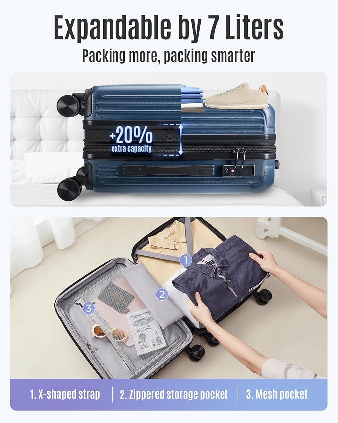 LIGHT FLIGHT Carry On Luggage 22x14x9 Airline Approved, Royal Blue | Airline Approved, Hard Shell with Wheels, Expandable Hardside, Lightweight, TSA Lock - Image 7