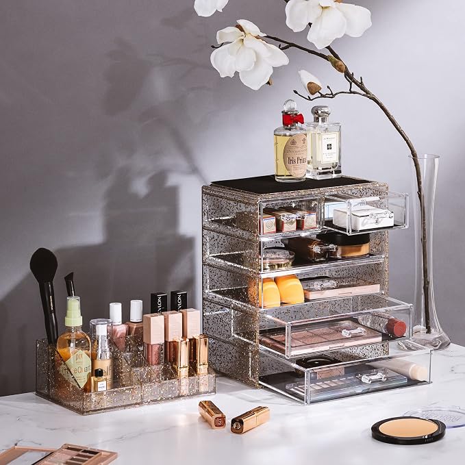 Sorbus Acrylic Makeup Organizer Set, 6-Drawer Vanity & Countertop Cosmetic Storage with Small & Wide Compartments, Glitter Makeup Storage for Brushes, Jewelry – Holiday Gift for Women & Teens - Image 2