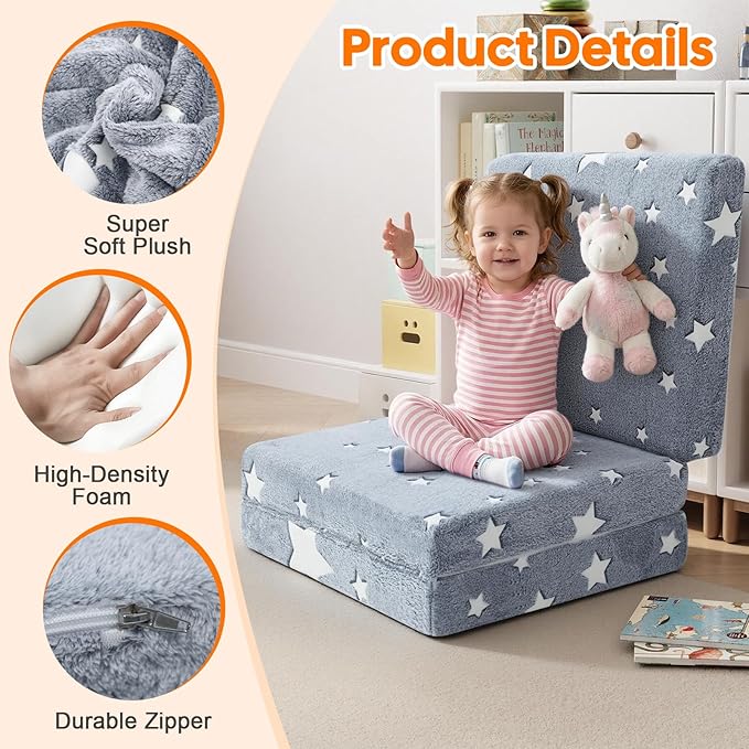 MeMoreCool Glow Star Kids Foldable Floor Mattress Trifold, 63x26 Inch Grey | Glow star trifold mattress for classroom flexible seating, reading, camping - Image 4