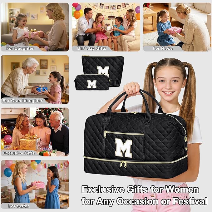 Graduation Birthday Gift for Her, Personalized Initial Weekender Bag for Women 45L Travel Duffle Carry On Quilted, 3PCS Overnight with Cosmetic & Toiletry Bag, Shoe Compartment, Gym Dance Bag for Girl - Image 7