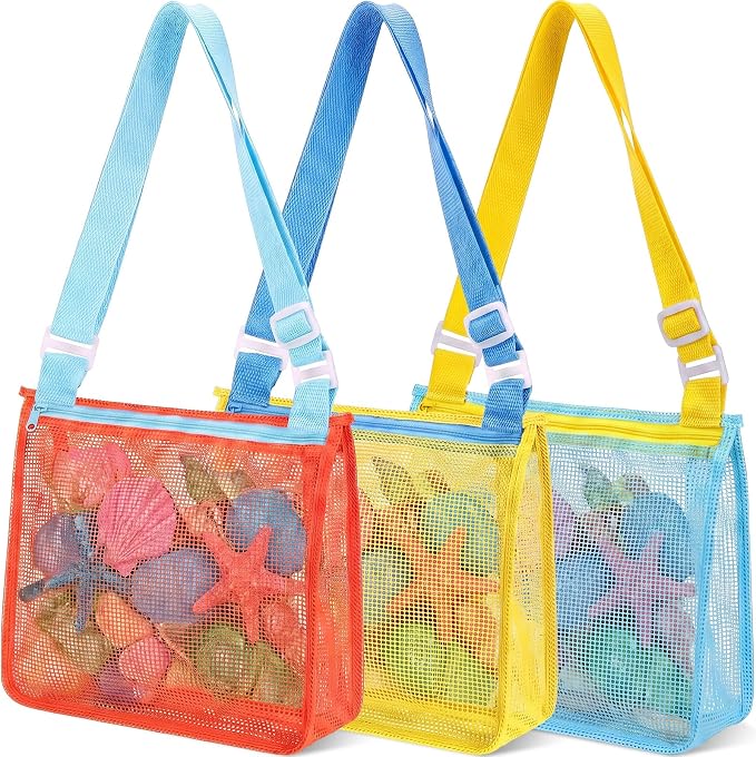 Frienda 3 Pcs Mesh Beach Bag Beach Seashell Bag Shell Collecting Sand Toy Totes Colorful Swimming Accessories Storage Pouch with Adjustable Carrying Straps for Men and Women (Colors G) by Frienda