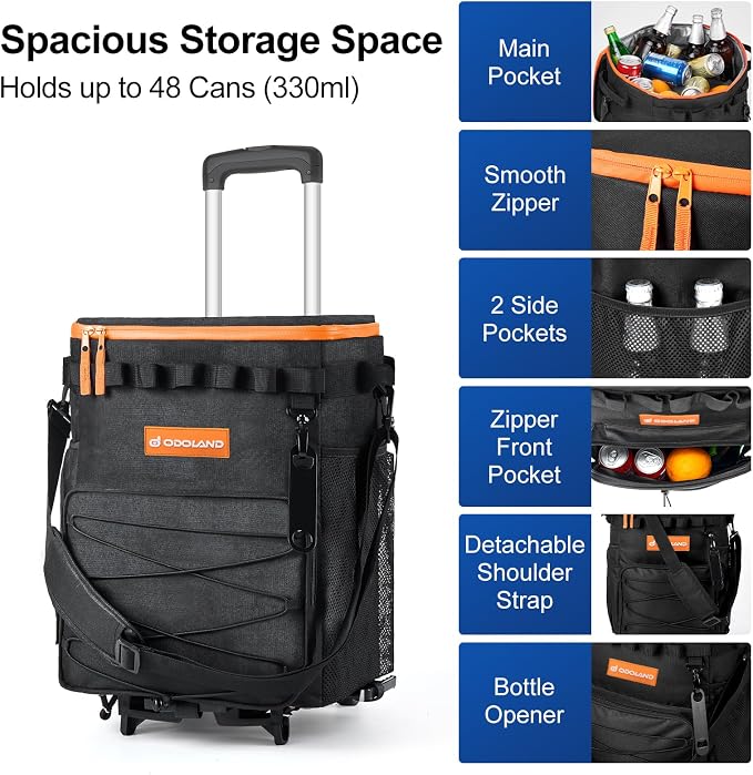 Odoland 72 Can Rolling Cooler Bag with Wheels & Handle, Collapsible Insulated Ice Chest for Beach, Camping & Tailgating - Portable Travel Soft Cooler on Wheels, Collapses for Easy Storage - Image 2