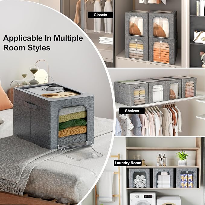 GoMaihe Clothes Storage Bins with Metal Frame, 4-Pack Closet Storage Bins with Lid & Clear Window, Sweater Boxes Organizer for Closet, Clothing Storage, Cationic Fabric 40L - Image 9