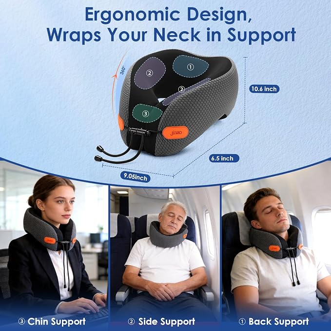 jiaao Travel Pillow Memory Foam Neck Pillow for Airplanes with Adjustable Neck Support, Includes Eye Mask, Earplugs & Storage Bag - Perfect for Flights, Road Trips, and Trains - Image 2