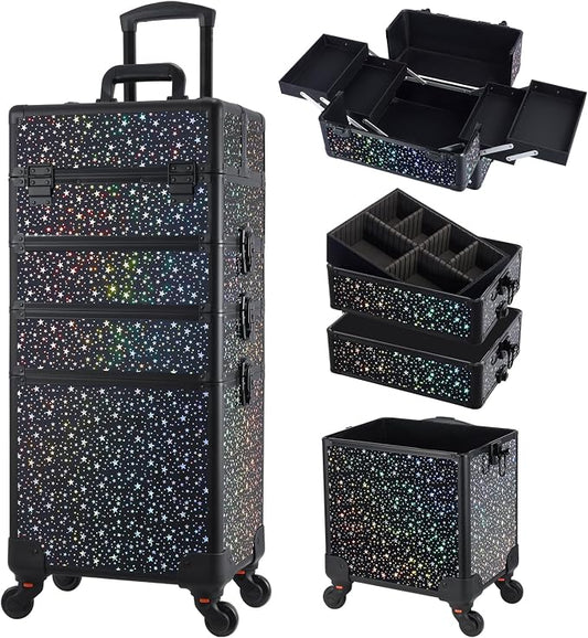 Stagiant Rolling Makeup Case Cosmetology Case on Wheels 4 in 1 Large Makeup Travel Case Nail Kits Organizer Train Case with Key Make Up Artist Salon Storage Traveling Cart Trunk Black Star by Stagiant