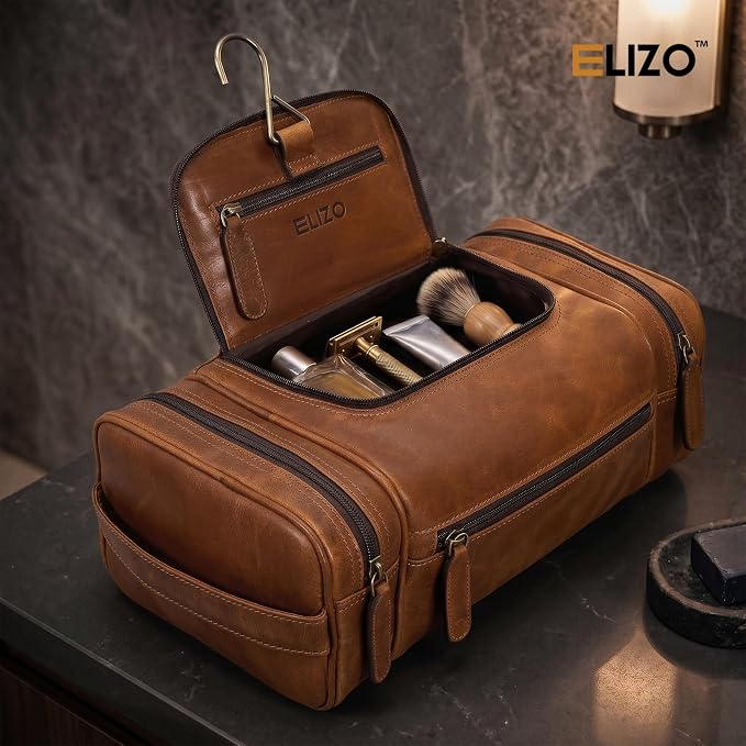 ELIZO Real Leather Toiletry Bag for Men - Extra Large Hanging Travel Organizer for Toiletries, Ideal for Dopp Kit & Shaving Kit for Men, Essential Mens Travel Toiletry Bag for Toiletries (Cognac) - Image 6