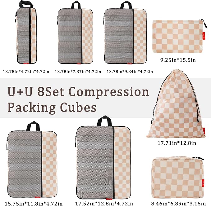 U+U 8 Set Compression Packing Cubes - Ultralight Travel Organizers with Laundry Bag and Cosmetic Bag, Space-Saving Suitcase Organizer for Travel, Business Trip and Family Vacation (Khaki Checkered) - Image 3
