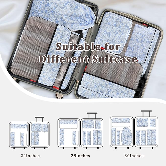 U+U 10 Set Compression Packing Cubes - Ultralight Travel Organizers with Laundry Bag and Cosmetic Bag, Space-Saving Suitcase Organizer for Travel, Business Trip and Family Vacation (Blue Flower) - Image 7