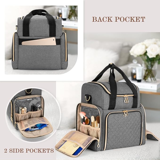 LUXJA Travel Makeup Bag with 2 Removable Makeup Cases, Gray | Large Cosmetic Bag with Multiple Storage Sections, 3 Detachable Dividers, Detachable Shoulder Strap, Trolley Sleeve - Image 4