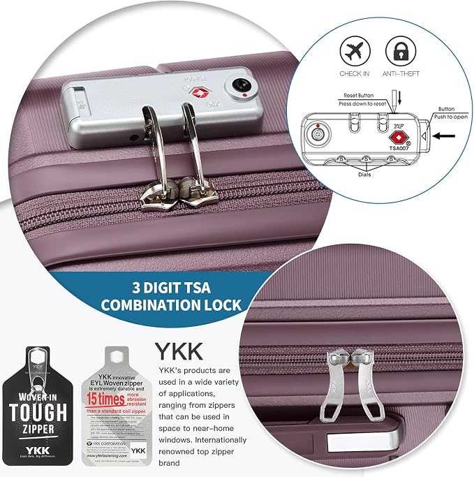 Somago 20" Carry On Luggage and 14" Mini Cosmetic Cases Travel Set Lightweight Polypropylene Suitcase with TSA Lock YKK Zipper Hardside Luggage with Spinner Wheels (2 Piece Set, Elegant Purple) - Image 5