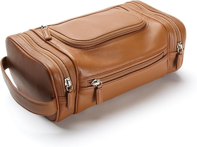 Leatherology Cognac Multi Pocket Toiletry Bag – Full-Grain Leather Travel Dopp Kit with Multiple Zippered Compartments | Spacious, Durable Organizer for Toiletries & Grooming Essentials - Image 3