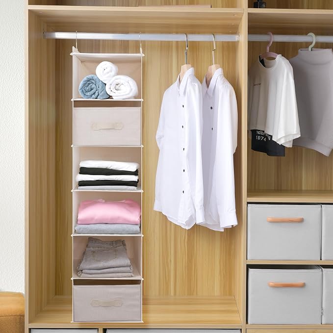 Large Hanging Sweater Organizer for Closet,Collapsible 6-Shelf Hanging Closet Shelves with Drawers, Washable (Beige -6 Shelf-2 d) - Image 3