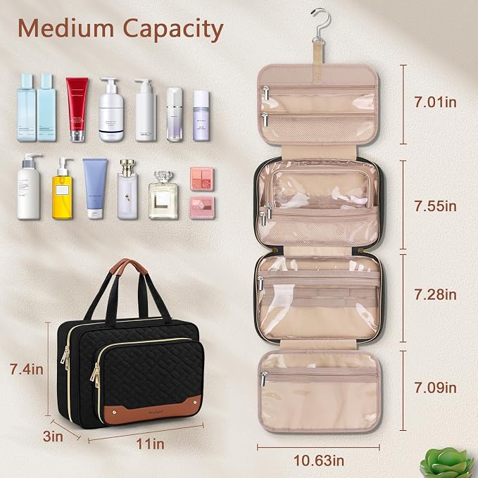 Wedama Toiletry Bag for Women, Hanging Travel Toiletry Bag with Jewelry Organizer Compartment Medium Makeup Bag, PVC Waterproof Cosmetic Travel Bag Trips Camping Bathroom, Black+Brown - Image 4