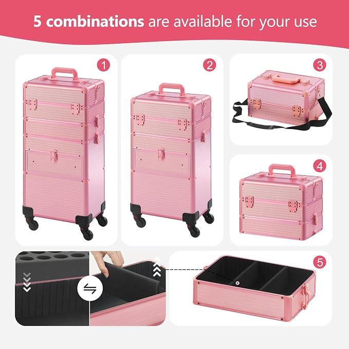 Somduy Rolling Makeup Case with Drawer, Makeup Train Case, 4 in 1Cosmetology Case on Wheels, Christmas Gift, Large Makeup Case Organizers, Profesional Cosmetic Case for Salon Barber, Light pink - Image 3
