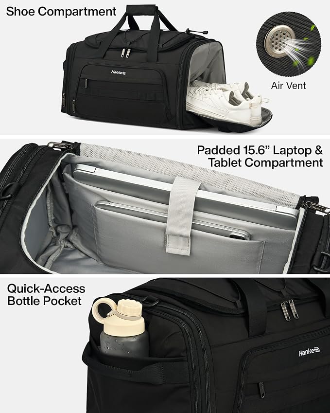 Hanke Duffle Bag for Travel, Dual Expandable 45L-55L Carry On Duffel, 3 In 1 Weekender Tote, Water Resistant Overnight Bag with 15.6" Compartment for Men Women, Black - Image 4