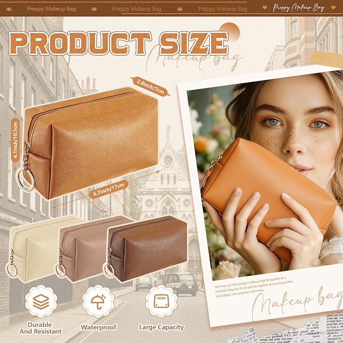Chunful 24 Pcs Preppy Makeup Bag PU Leather Cosmetic Bag Bulk Makeup Plain Pouch Waterproof Toiletry Purse for Women Traveling Preppy Pencil Case Valentine's Day Gifts(Brown Series) - Image 2