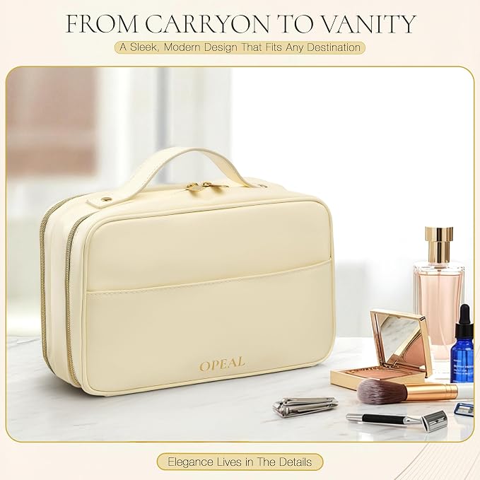 2-in-1 Travel Makeup and TSA Toiletry Organizer for Women – Flexible Compartments, Clear TSA Window, Wipe Clean Vegan Leather, Gift Box Included – Carry-On Approved, Cream - Image 3