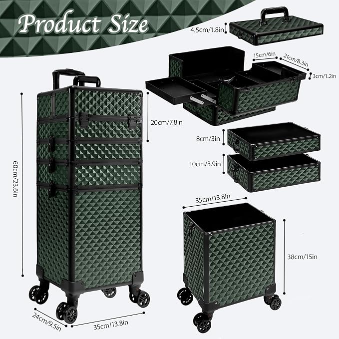 5 in 1 Rolling Makeup Train Case on Wheels Large Cosmetic Organizer Travel Cart for Women Beauty Salon Barber Hairstylist Green - Image 6