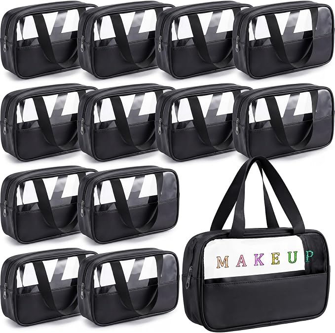 Buryeah 12 Pcs Translucent Makeup Bag Toiletry Organizer for Women Men Waterproof Portable Cosmetic Bag with Hanging Handles Travel Storage Carry Pouch Gifts for Bridesmaid (Black) by Buryeah