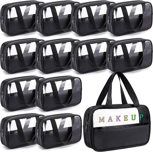 Buryeah 12 Pcs Translucent Makeup Bag Toiletry Organizer for Women Men Waterproof Portable Cosmetic Bag with Hanging Handles Travel Storage Carry Pouch Gifts for Bridesmaid (Black) by Buryeah