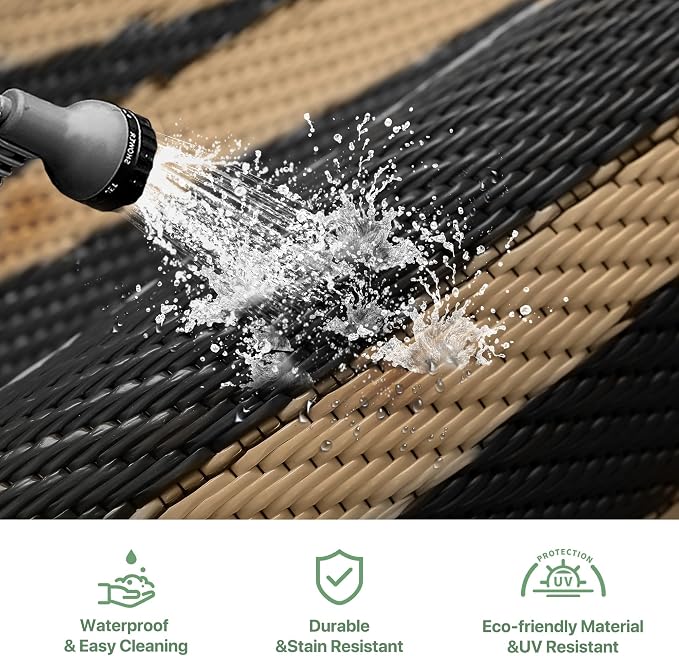 GENIMO Outdoor Rug, Waterproof Plastic Rugs 10'x20' for Camping Black Brown | Outside Larger Modern Carpet Mat for Porch Decor, Deck, Balcony, Camping, RV, Backyard, Picnic, Beach, Reversible - Image 6