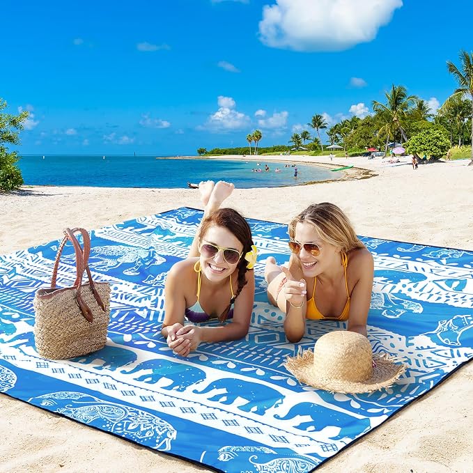 HIHOHO Beach Blanket Waterproof Sandproof Beach Mat for 1-8 Adults Quick Drying Durable Outdoor Picnic Mat for Beach Festival Travel Camping Hiking (Elephant-GC BL, 79"×83"(4 Person)) - Image 2