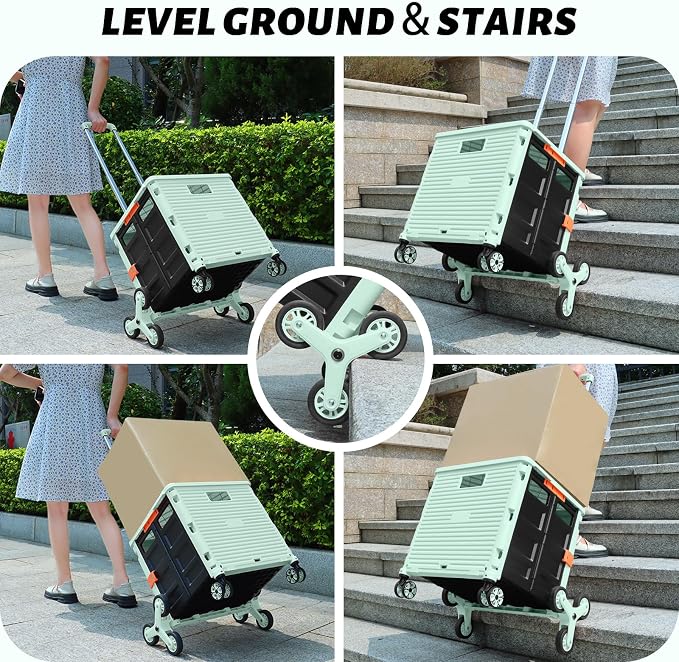 FELICON SELORSS Folding Utility Climber Cart Portable Rolling Crate-Green | Stair Climbing Wheels+360°Swivel Wheels,Telescoping Handle,Plastic Box Dolly for Travel Shop Move Laundry Office Teacher Use - Image 3